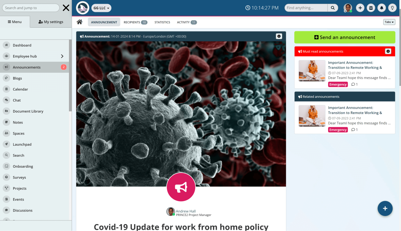 Move away from email, and use announcements for top-down company updates