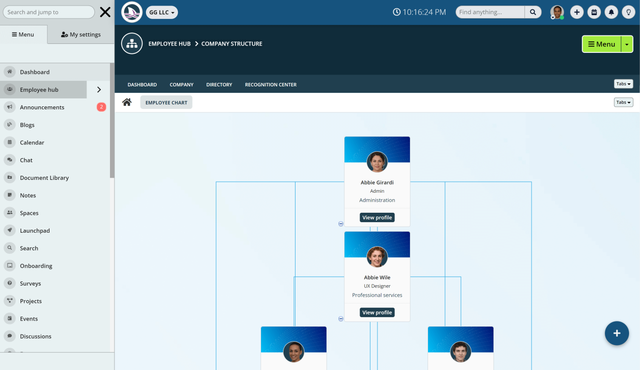 Show the organisational chart and allow employees to view the organisational structure